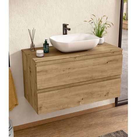 BELLOBATH - Meuble Salle de Bain avec Plan Vasque en Céramique, Meuble Monté avec 2 Tiroirs, 80 x 55 x 46 cm, Meuble Chêne (1/5)