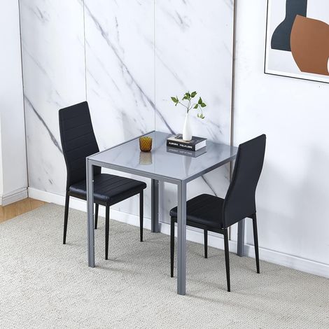 Dining Room Set, Grey Glass Dining Table with Chairs, 75x75 cm Square Glass Table and Chairs for Small Room (Table with 2 Chairs, Black Faux Leather)