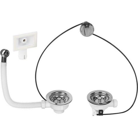 Wirquin – Bonde de lavabo 90mm – Chromé avec trop-plein – 2 bondes à panier en inox – Commande à câble – Tube de trop-plein souple 300mm (1/4)