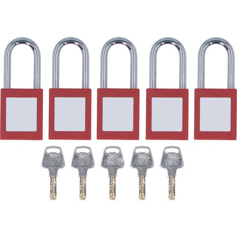 Set di 5 lucchetti di sicurezza Loto in nylon cromato con etichetta scrivibile, per uso industriale, 38 mm.