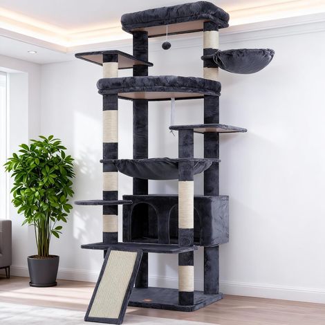 Arbre à Chat XXL de 202 cm avec Plateformes Surdimensionnées, Cabane, Panier et Poteau en Sisal à Gratter, pour Grands Chats, Aménagement Multi-Niveaux, Gris Fumé HCT038G (1/3)