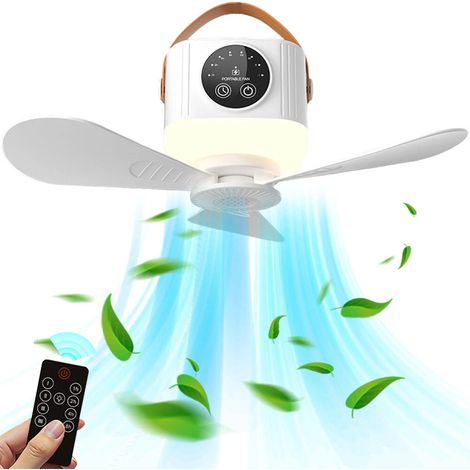 Ventilateur de plafond rechargeable avec lumière et télécommande, petit ventilateur de plafond LED portable, 4 vitesses de vent, minuterie, 7200mAh