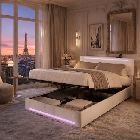 Lit coffre double adulte 160x200 cm avec éclairage LED, ports USB, tête de lit réglable, beige, matelas non inclus (1/5)