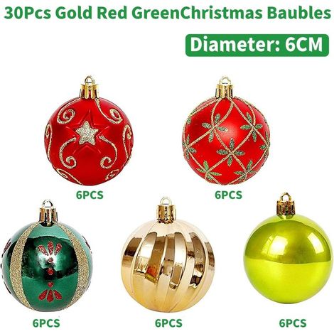30 Pièces Boules de Noël, 6CM Doré Rouge Vert Ornaments de Boules de Noël Boule à Suspendre Incassables pour Sapin de Noël Vacances Maison Noël Fête Décoration (6 Styles) (1/5)