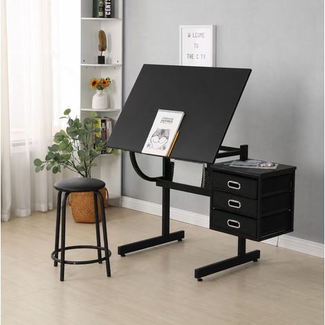 Zeichentisch mit Hocker, 3 Schubladen, neigbar 0–75°, schwarz OKMYHOME (1/5)