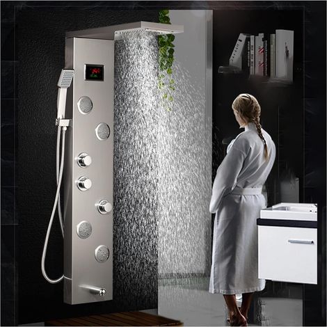 Ensemble de Douche mitigeur thermostatique Intelligent Luxe Noir/Brosse Salle De Bains LED Panneau De Douche Système De Tour Montage Mural Mitigeur Douche À Main Spa Massage Écran De Température (Col (1/5)