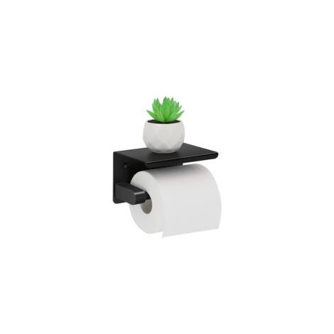 Portarrollos de papel higiénico con estante superior - Acero inoxidable, taladro y soporte de montaje autoadhesivo - Soporte de pared negro para baño - Crezuo