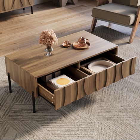 Table salon rangement vintage 105 cm bois naturel avec OKMYHOME (1/5)