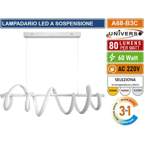 UNIVERSO A68-B3C LAMPADARIO LED A SOSPENSIONE INTRECCIATO A SPIRALE 60W SMD COLORE BIANCO CCT COLORE LUCE SELEZIONABILE 3000K 4000K 6500K (1/5)