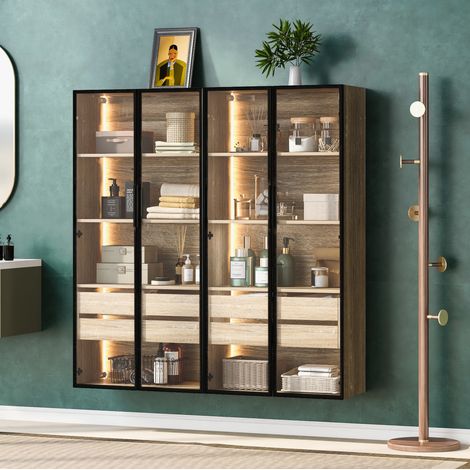 Badezimmerschrank-Set 73 cm Natur MDF mit LED-Beleuchtung, Milchglastüren und flexiblem Aufbau (1/5)