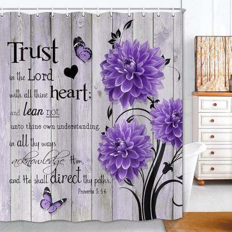 Cortina de ducha estilo granja con estampado floral de mariposas, diseño rústico de dalias moradas, con texto, lavable, juego de 70x70 pulgadas + ganchos.