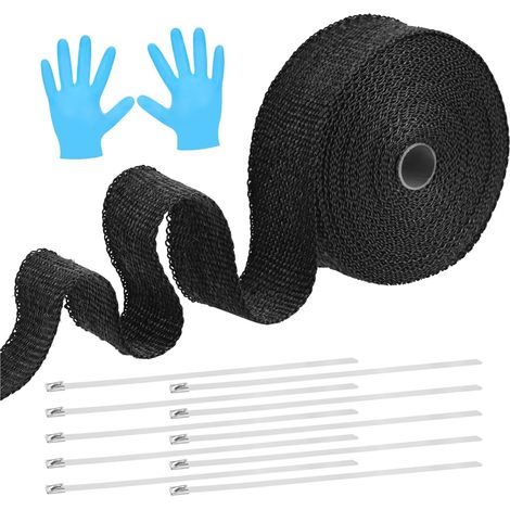 10M50mm Bande Thermique Echappement, Ruban Isolant Thermique en Titanium Magma + 10 Attaches de Câble en Acier Inoxydable et des Gants pour Tuyeau Collecteur Echappement Moto, Noir (1/5)