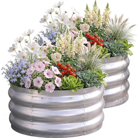 Potager surélevé Rond 60x30cm, bac de Jardin en métal galvanisé, jardinière extérieure pour légumes, Fleurs et Herbes aromatiques (1/4)