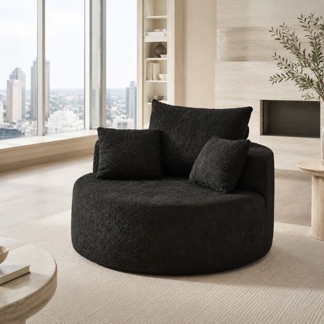 Poltrona relax 127x127x82 cm in tessuto ciniglia nero, senza montaggio, per soggiorno (1/5)
