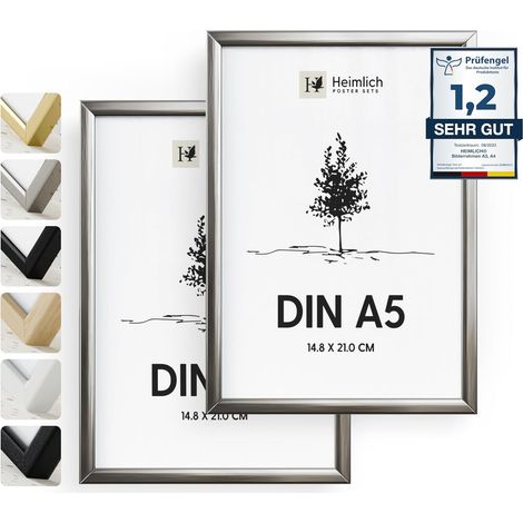 Cadre photo - A5 14,8 x 21 cm, aluminium, argent, lot de 2 - Cadres pour collages de diplômes, posters et affiches avec plastification - Montage mural ou sur table (1/5)