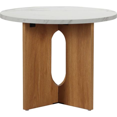 Table basse moderne ronde 50 cm effet marbre bois clair
