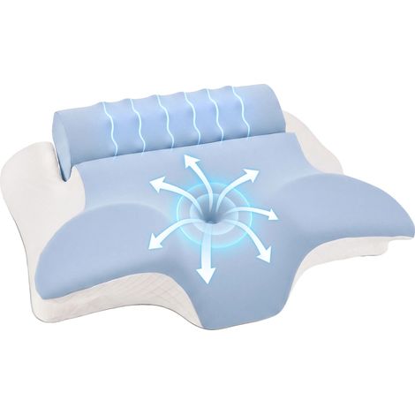 Coussin de cou, rembourrage en mousse à mémoire de forme, design ergonomique, BLEU CIEL (1/2)