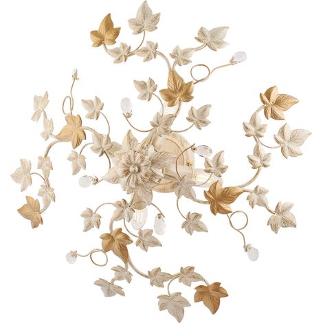 Plafoniera Shabby Edera 4 Luci Ferro Battuto Avorio Oro Con Foglie E Cristalli (1/3)