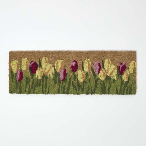 HOMESCAPES Rutschfeste Kokos-Fußmatte mit Tulpen-Motiv, 25 x 75 cm