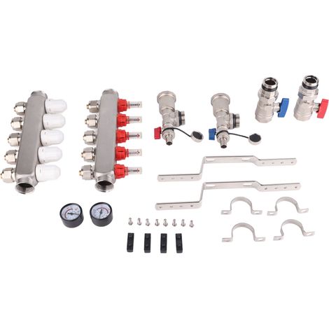 Collecteur de chauffage au sol inox 5 boucles G1 pouce, résistant à la corrosion, acier inoxydable industriel, système de distribution de chaleur radiant, robuste et durable. (1/5)