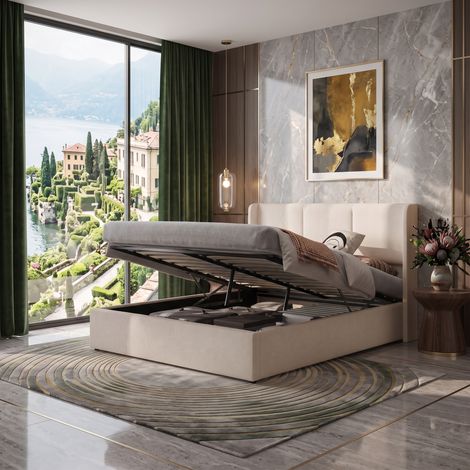 JOOKGBD‑Letto contenitore idraulico 140x190cm, rivestimento tessuto lino beige chiaro, testiera imbottita design minimalista, doghe in legno massiccio, struttura robusta, per camera da letto moderna (1/5)