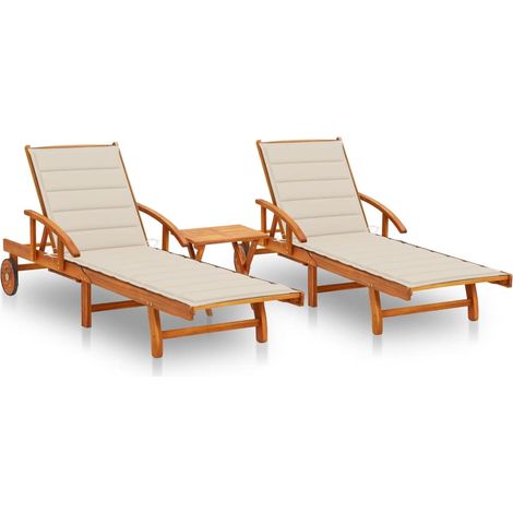 Sonnenliegen 2 Stk. mit Tisch und Auflagen Massivholz Akazie