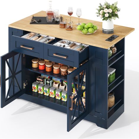 Îlot de cuisine mobile avec table rabattable, 2 prises AC, 2 USB, portes vitrées, rangements ouverts et roulettes freinées, bleu neutre, MDF - CHICFURN (1/5)