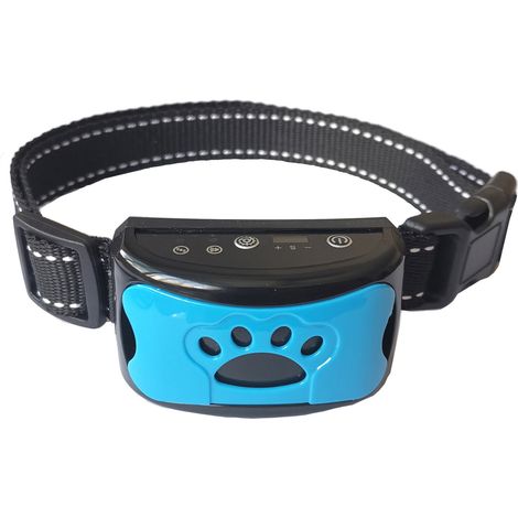 Un collier de dressage anti-aboiement bleu rechargeable, adapté aux chiens de petite, moyenne et grande taille, avec détection intelligente des aboiements, deux modes (vibration et son) et sept nivea