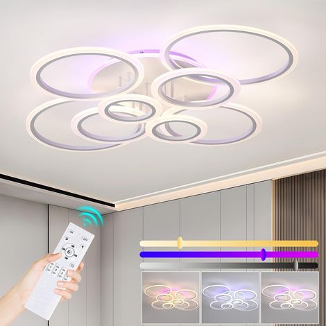 Plafonnier LED 80W,8 Anneaux RGB,105x85cm,APP Télécommande,Blanc Grand format 4 couches,3000K-6000K,10-100%,mémoire,veilleuse,minuterie pour salon chambre salle à manger (1/5)