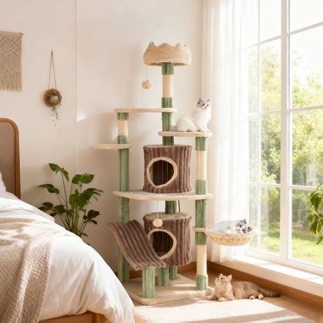 163CM Grand Arbre à Chat Tour pour Chat avec 2 Condos Perchoir en Peluche Panier-Lit Poteaux à Griffer en Sisal Balles Suspendues Vert (1/5)