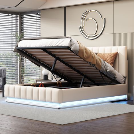 Lit double rembourré 140x200 cm avec éclairage LED Lit Coffre avec Tête de lit rembourrée réglable et rangement hydraulique Blanc (1/5)