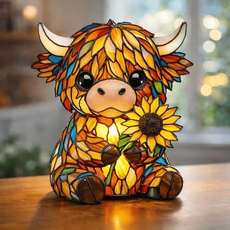 Ortviai Veilleuse LED Vache des Highlands en Tournesol - Lampe d'Art 3D Faite à la Main - Décoration de Bureau et Chambre Style Vitrail - Cadeau Créatif pour la Maison