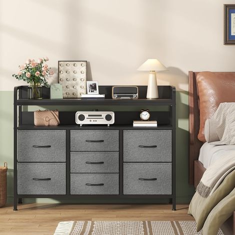 Große Kommode, Schrank, 10 Stoffkommode mit Metallrahmen und MDF-Holzplatte, verstellbare Füße, Kippsicherung, Aufbewahrung Kommode für Schlafzimmer, Wohnzimmer, Kleiderschrank, Dunkelgrau (1/5)