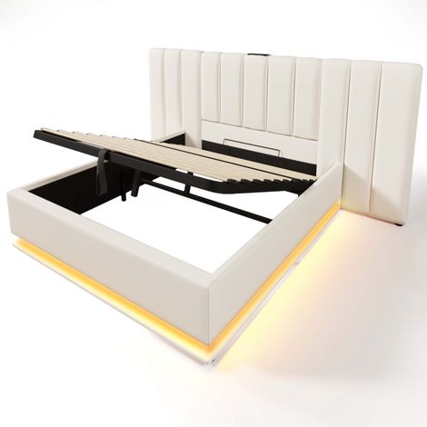 Cama con canapé 160x200 con LED por app, USB-C, cabecero y somier, PU blanco (1/5)