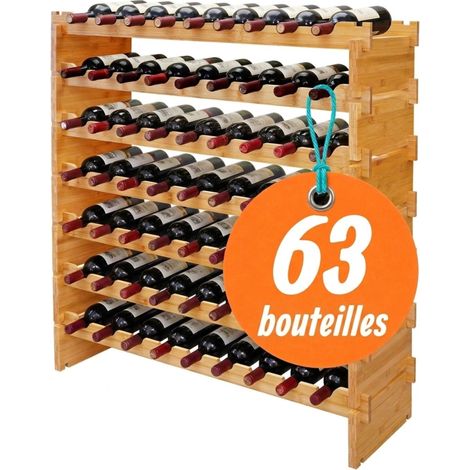 Relaxdays Casier à vin, 63 bouteilles, bambou, 94 x 85 x 25,5 cm, vin rouge et blanc, casier empilable, naturel