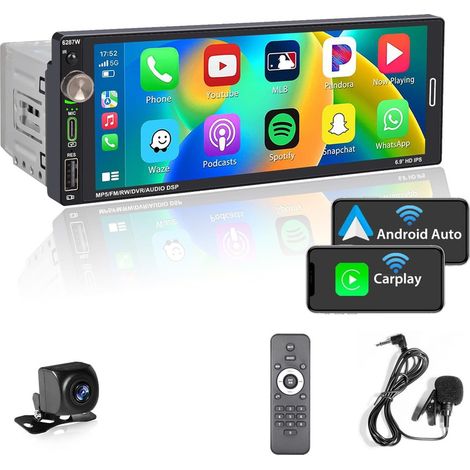 APEX Autoradio 1 DIN avec écran Tactile (6,9") Compatible avec Apple CarPlay [Wireless] / Android Auto(Charge Rapide 2,1A)AM/FM RDS Radio