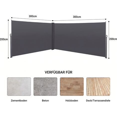 Seitenmarkise 200 x 600 cm grau, ausziehbare wasserfeste Sichtschutzmarkise für Balkon, Terrasse und Garten, Windschutz und Sonnenschutz