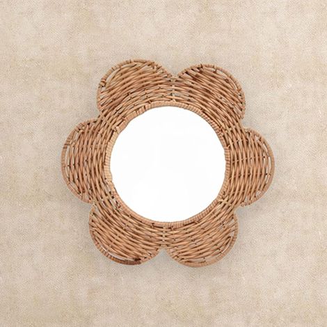 Miroir Mural Rond Suspendu, Miroir Mural en Rotin Naturel, Décoration Murale Miroir Cosmétique Fleur en Osier pour Salon Chambre Salle de Bains (28,5 X 25,5 cm) (1/5)