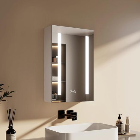 Armoire de Salle de Bain avec Miroir, 40 x 60 cm, Anti-buée, 3 Couleurs de lumière à intensité Variable, Prise de Courant, Armoire à Miroir pour Salle de Bain, avec étagère en Verre, Fonction (1/5)
