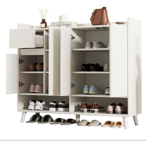 Meuble à chaussures blanc moderne avec 4 portes, 1 tiroir et étagère réglable, grand rangement pour entrée, salon ou cuisine, 120 x 35 x 99 cm - CHICFURN (1/5)