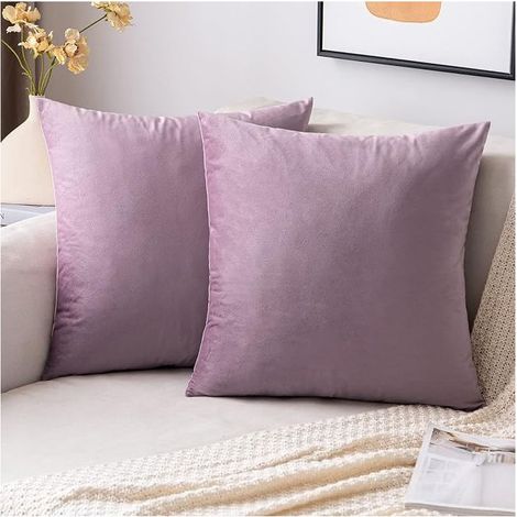 Lot de 2 housses de coussin en velours, super douces et lisses, 50x50 cm, pour canapé, salon, chambre, violet clair. (1/3)