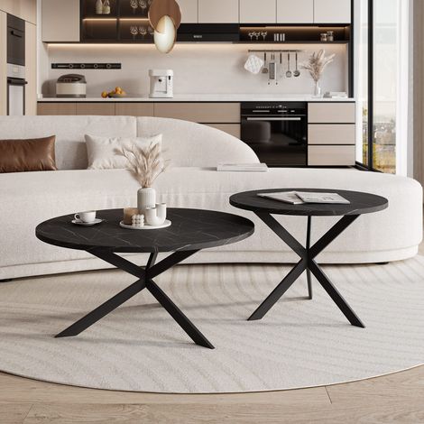 Lot de 2 Tables Basses Gigognes LIBERO - 75/58 cm - Structure en Métal - Moderne Table Basse Ronde - Noir / Gris (1/5)