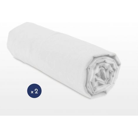 Lot de 2 draps housse uni coton 57 fils blanc 90 x 190 cm bonnet 25 cm (1/3)