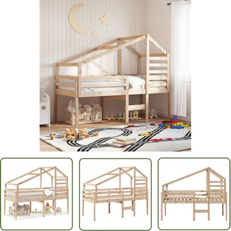 The Living Store Lit haut sans matelas 90x200 cm bois de pin massif - Lit Enfant - Lit Surélevé - Lit Cabane - Lit Plateforme - Meuble Rangement (1/5)