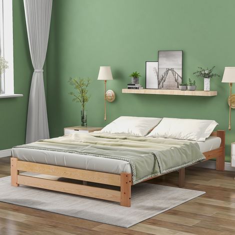 Lit double 140x200 futon en bois massif naturel, avec tête de lit et sommier à lattes inclus (sans Matelas) (1/5)