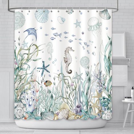 Rideau de douche océan 180 x 180 cm sur le thème sous la mer étoiles de mer coquillages motif décoratif pour salle de bain imperméable durable matériau polyester avec 12 crochets (1/5)