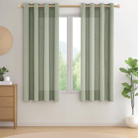 Rideaux Voilage en Lin Vert Sauge Courts 140x180 CM, Rideau Voilage Fenetre Baie Vitrée Translucide à Oeillets, Rideau Voile Effet Lin pour Salon Chambre Cuisine, 2 Pièces (1/5)