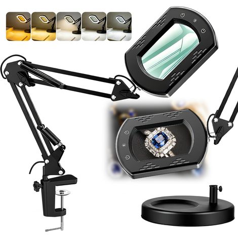 Loupe rectangulaire x15 avec 5 modes de couleur à intensité variable, lampe de bureau 2 en 1 éclairée par LED et pince avec support, loupe mains libres pour lecture, réparation et peinture (1/5)