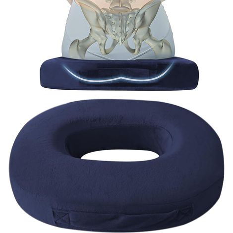 Coussin d'assise orthopédique, rond, en mousse à mémoire de forme, coussin de siège orthopédique, pour favoriser la circulation sanguine, soulager la douleur, bureau, siège de voiture, bleu (1/5)