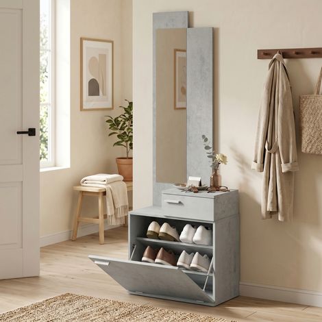 Ensemble Meuble d'Entrée avec Miroir, Tiroir, Vestiaire, 61x30x170 cm, Gris (1/5)